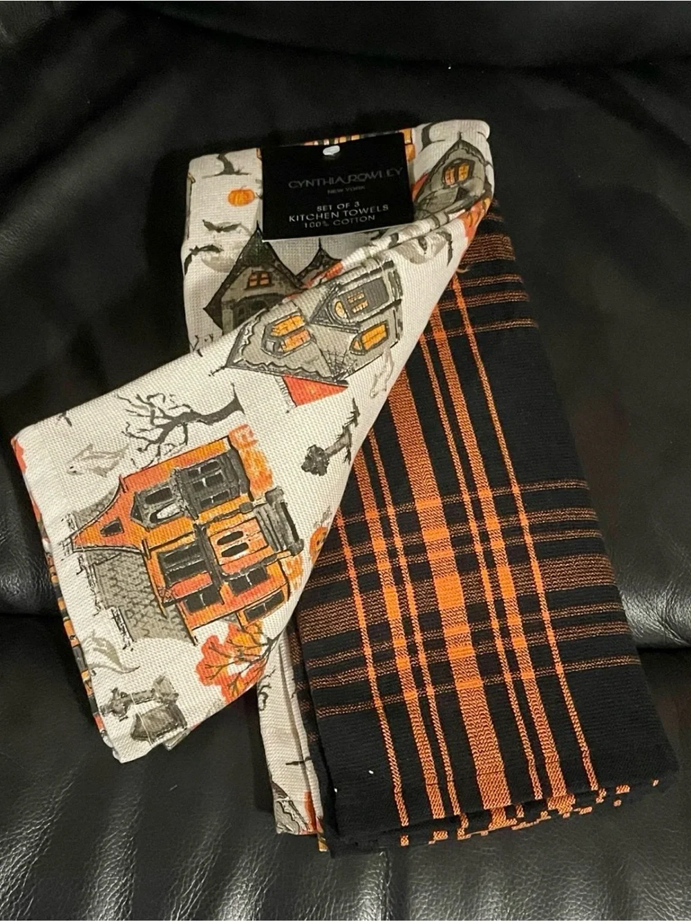 Cynthia Rowley Halloween Haunted House Kitchen Towels - Orange, Gray & Black